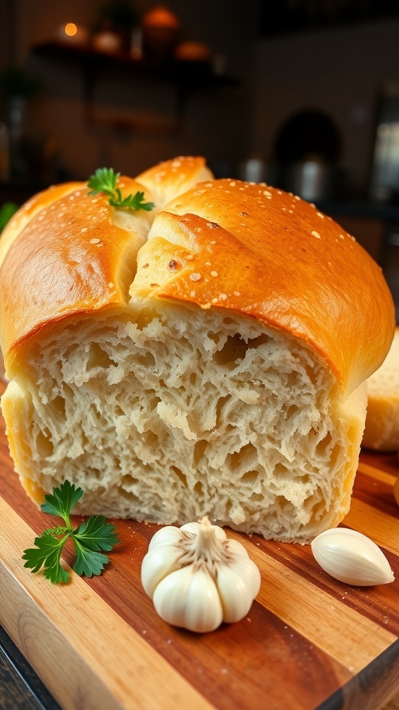 A golden-brown loaf of garlic yeast bread on a wooden cutting board, garnished with parsley and garlic cloves.